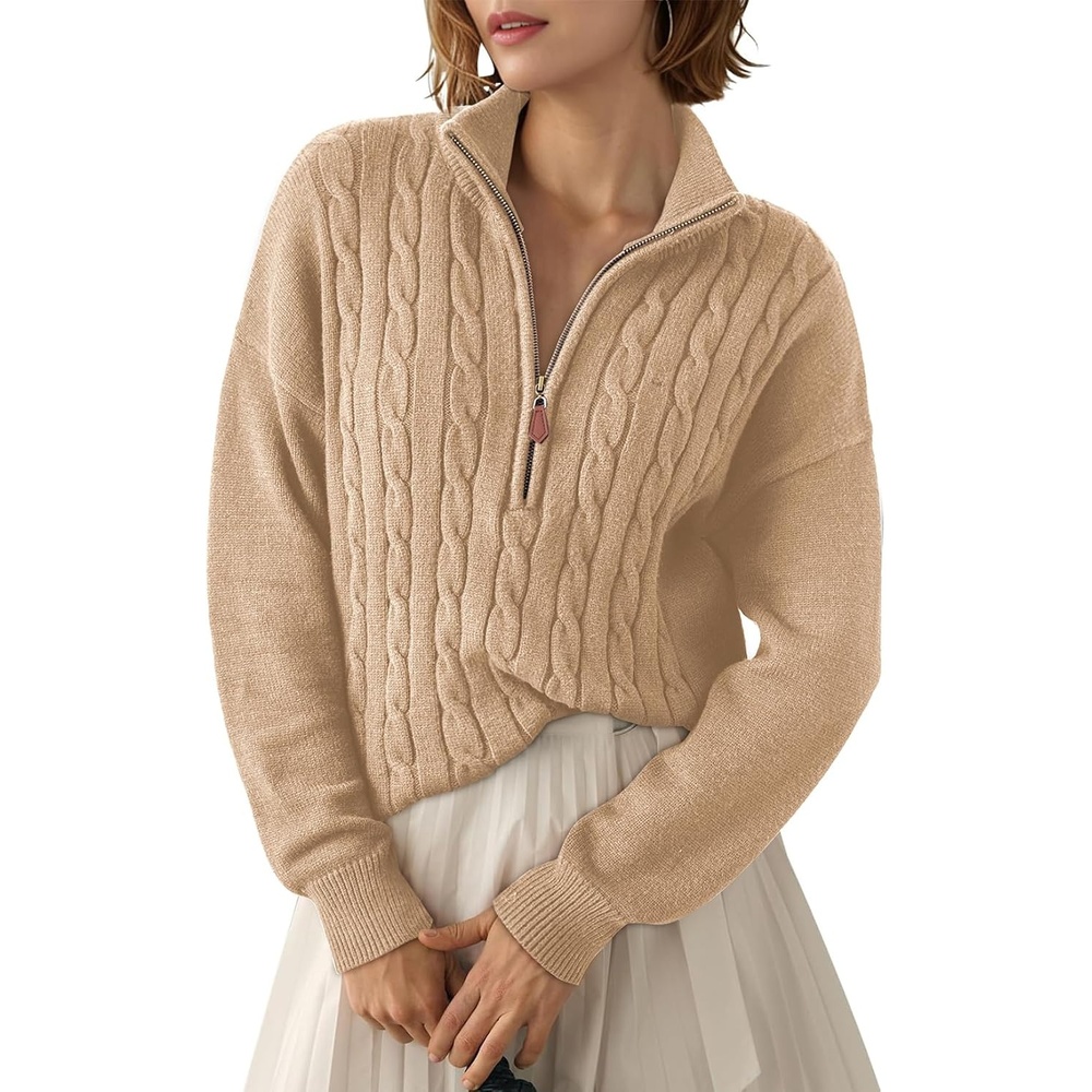 image:imageDokotoo Womens Sweaters 2026 Fall Winter Quarter Zip Ribbed Cable KnitParchment