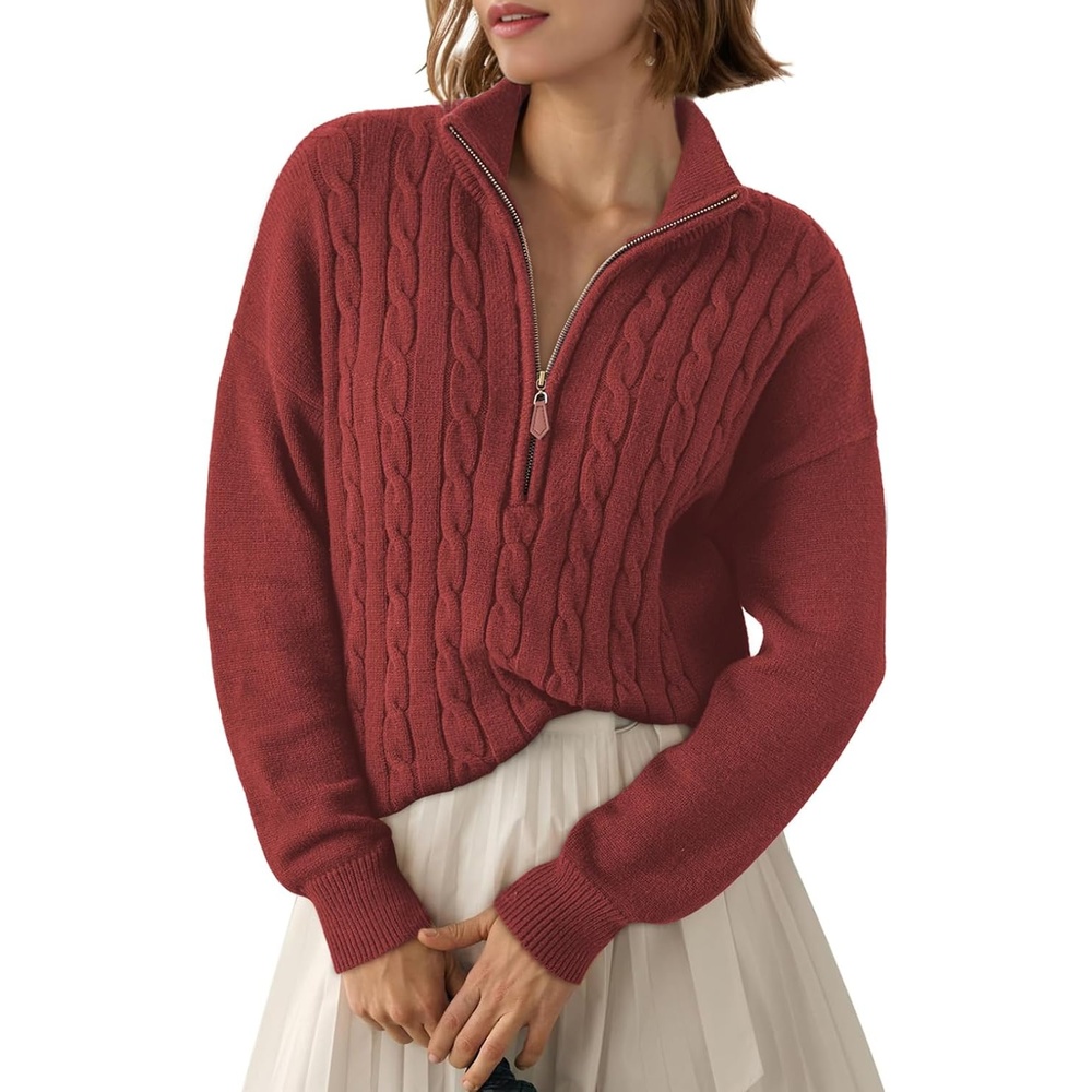 image:imageDokotoo Womens Sweaters 2026 Fall Winter Quarter Zip Ribbed Cable KnitRed Dahlia