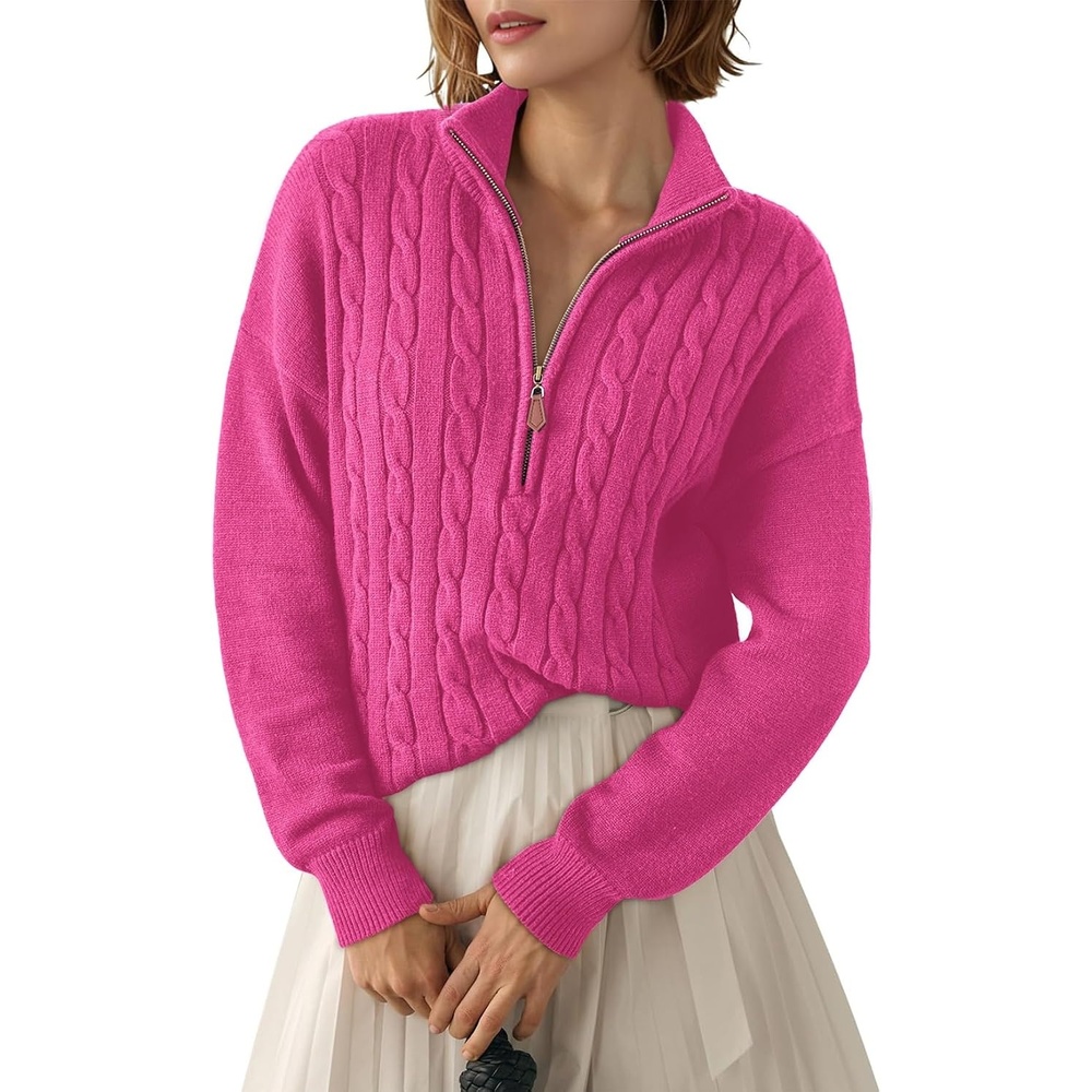 image:imageDokotoo Womens Sweaters 2026 Fall Winter Quarter Zip Ribbed Cable KnitRose Red