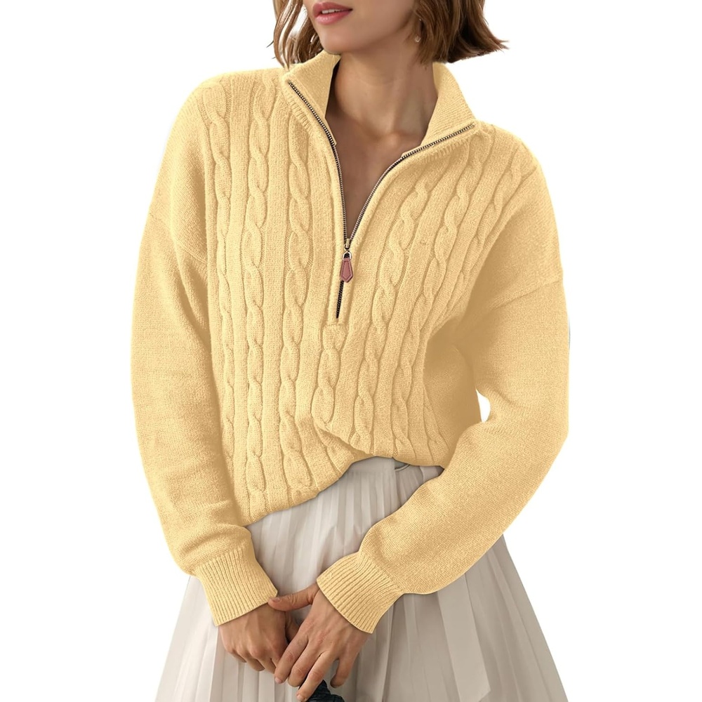 image:imageDokotoo Womens Sweaters 2026 Fall Winter Quarter Zip Ribbed Cable KnitYellow Cream