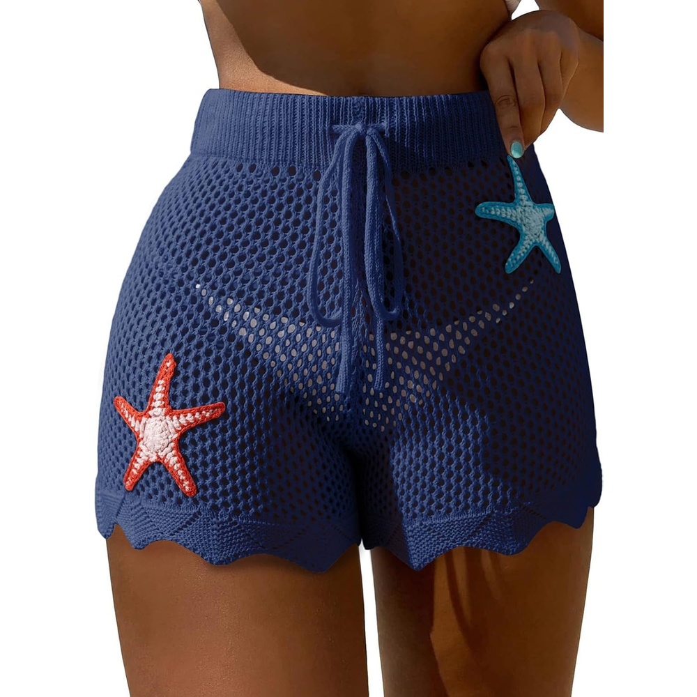 image:imageDokotoo Womens Swim Shorts 2026 Embroidery Color Block Crochet Hollow Out High Waist Drawstring Beach Shorts Beach Cover UpBlue