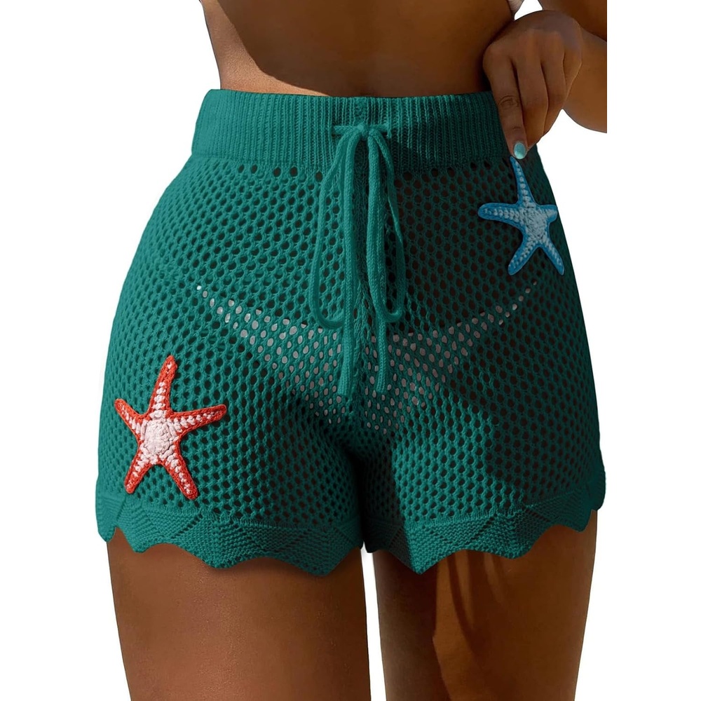 image:imageDokotoo Womens Swim Shorts 2026 Embroidery Color Block Crochet Hollow Out High Waist Drawstring Beach Shorts Beach Cover UpGreen
