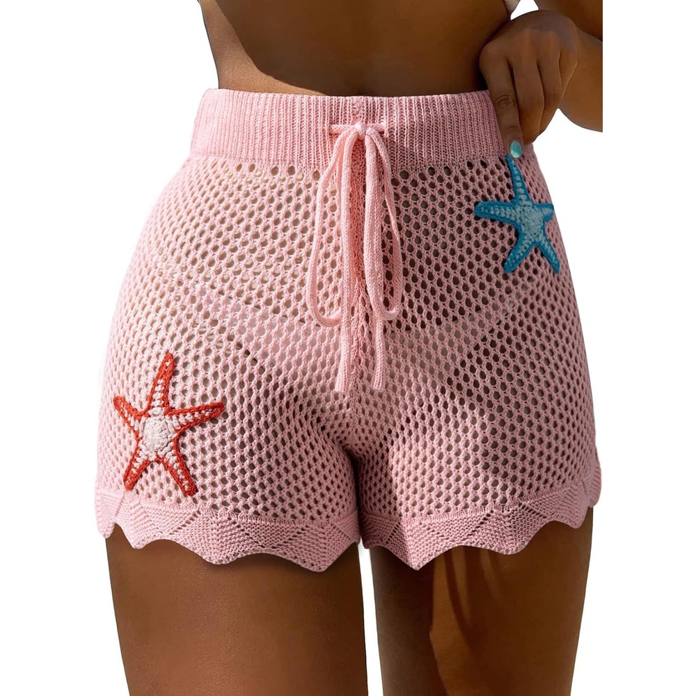 image:imageDokotoo Womens Swim Shorts 2026 Embroidery Color Block Crochet Hollow Out High Waist Drawstring Beach Shorts Beach Cover UpPink