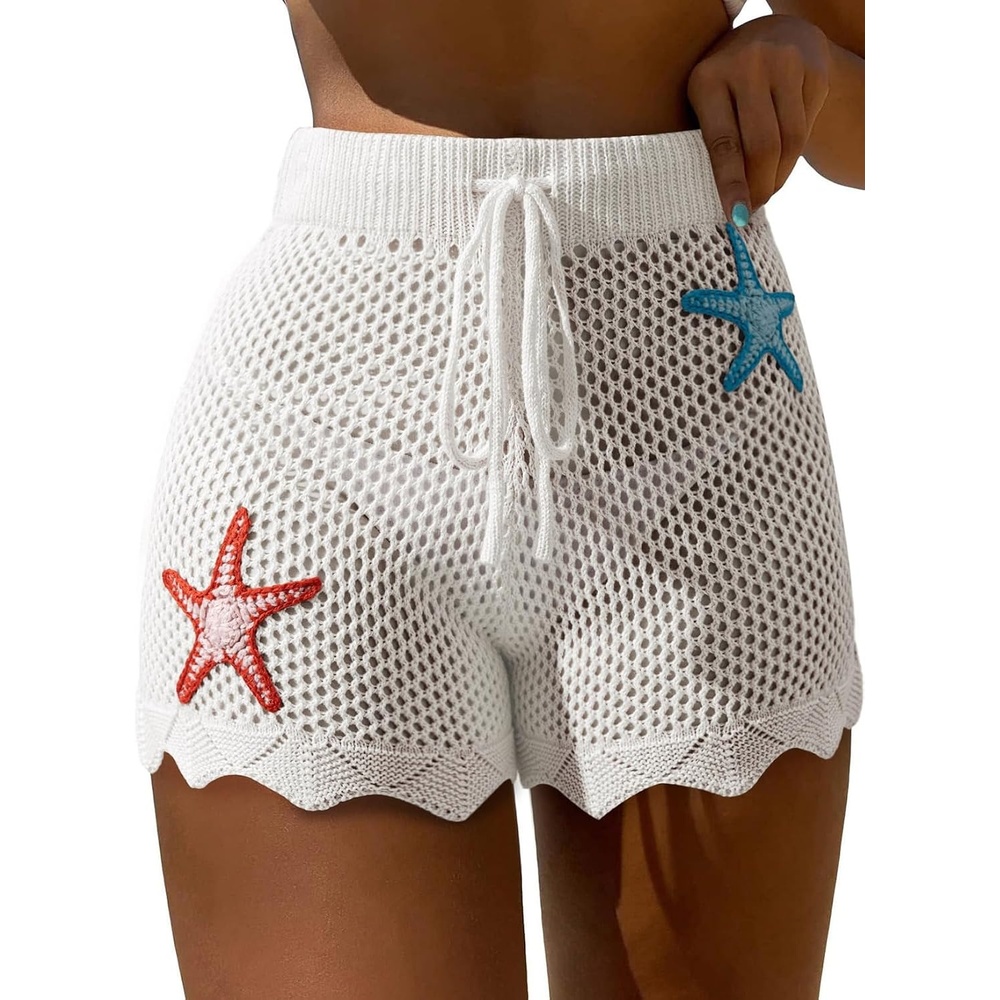 image:imageDokotoo Womens Swim Shorts 2026 Embroidery Color Block Crochet Hollow Out High Waist Drawstring Beach Shorts Beach Cover UpWhite