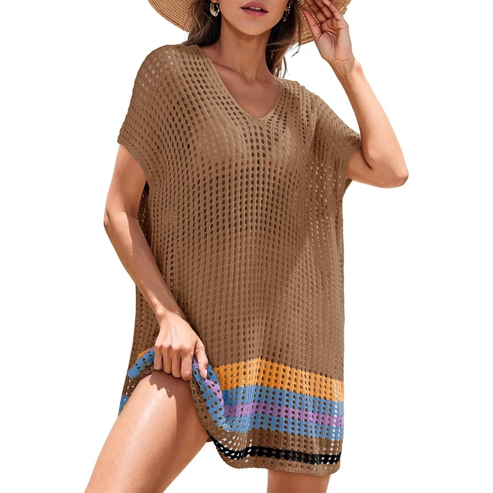 image:imageDokotoo Womens Swimwear Beach Bikini Swimsuit Color Block Coverups Crochet Striped Side Split Mini DressStraw Yellow