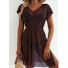 Dokoto Womens V Neck Sheer Mesh Beach Bathing Suit Cover Up Bikini Dress(A Dark Brown)