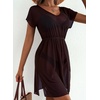 Dokoto Womens V Neck Sheer Mesh Beach Bathing Suit Cover Up Bikini Dress(A Dark Brown)