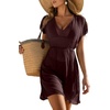 Dokoto Womens V Neck Sheer Mesh Beach Bathing Suit Cover Up Bikini Dress(A Dark Brown)