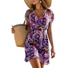 Dokoto Womens V Neck Sheer Mesh Beach Bathing Suit Cover Up Bikini Dress(A Floral-purple)