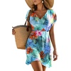 Dokoto Womens V Neck Sheer Mesh Beach Bathing Suit Cover Up Bikini Dress(A Floral-sky Blue)