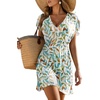 Dokoto Womens V Neck Sheer Mesh Beach Bathing Suit Cover Up Bikini Dress(A Floral-white)