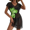 Dokoto Womens V Neck Sheer Mesh Beach Bathing Suit Cover Up Bikini Dress(A Green Flower)