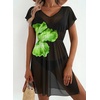 Dokoto Womens V Neck Sheer Mesh Beach Bathing Suit Cover Up Bikini Dress(A Green Flower)