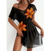 Dokoto Womens V Neck Sheer Mesh Beach Bathing Suit Cover Up Bikini Dress(A Orange Flower)