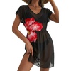 Dokoto Womens V Neck Sheer Mesh Beach Bathing Suit Cover Up Bikini Dress(A Red Flower)