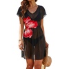 Dokoto Womens V Neck Sheer Mesh Beach Bathing Suit Cover Up Bikini Dress(A Red Flower)