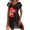 Dokoto Womens V Neck Sheer Mesh Beach Bathing Suit Cover Up Bikini Dress(A Red Flower)