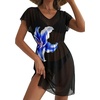 Dokoto Womens V Neck Sheer Mesh Beach Bathing Suit Cover Up Bikini Dress(A-blue Flower)