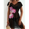 Dokoto Womens V Neck Sheer Mesh Beach Bathing Suit Cover Up Bikini Dress(A-floral Black)