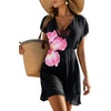 Dokoto Womens V Neck Sheer Mesh Beach Bathing Suit Cover Up Bikini Dress(A-floral Black)