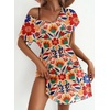 Dokoto Womens V Neck Sheer Mesh Beach Bathing Suit Cover Up Bikini Dress(A-floral Orange)