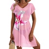 Dokoto Womens V Neck Sheer Mesh Beach Bathing Suit Cover Up Bikini Dress(A-floral Pink)