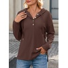 Dokotoo Hoodies for Women Long Sleeve Drawstring Button V Neck Fleece Casual Lightweight Pullover Sweatshirt Hooded Tops(Brown)