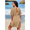 Dokotoo Swimsuit Coverup for Women Hollow Out V Neck Short Sleeve Bathing Suit Bikini Beach Cover Ups Dress Vacation Outfits(Khaki)