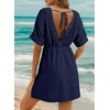Dokotoo Swimsuit Coverup for Women Hollow Out V Neck Short Sleeve Bathing Suit Bikini Beach Cover Ups Dress Vacation Outfits(Navy)