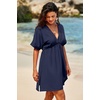 Dokotoo Swimsuit Coverup for Women Hollow Out V Neck Short Sleeve Bathing Suit Bikini Beach Cover Ups Dress Vacation Outfits(Navy)