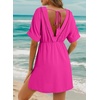 Dokotoo Swimsuit Coverup for Women Hollow Out V Neck Short Sleeve Bathing Suit Bikini Beach Cover Ups Dress Vacation Outfits(Rosy)