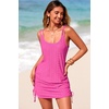 Dokotoo Women’s Hollow Out Cover Up Swimwear Beachwear Double Shoulder Straps Sleeveless Mini Dress Drawstring Beach Dress(Bright Pink)