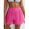 Dokotoo Womens Shorts Summer Elastic Waist Wide Leg Lace Beach Cover Ups(Rose Red)