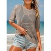 Dokotoo Womens Summer Short Sleeve Crochet Tops Hollow Out Floral Sweaters Beach Vacation Cruise Outfits(Brown)