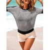 Dokotoo Womens Summer Short Sleeve Crochet Tops Hollow Out Floral Sweaters Beach Vacation Cruise Outfits(Colorblock Gray)