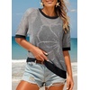 Dokotoo Womens Summer Short Sleeve Crochet Tops Hollow Out Floral Sweaters Beach Vacation Cruise Outfits(Colorblock Gray)