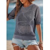 Dokotoo Womens Summer Short Sleeve Crochet Tops Hollow Out Floral Sweaters Beach Vacation Cruise Outfits(Dark Blue)