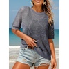Dokotoo Womens Summer Short Sleeve Crochet Tops Hollow Out Floral Sweaters Beach Vacation Cruise Outfits(Dark Blue)