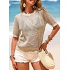 Dokotoo Womens Summer Short Sleeve Crochet Tops Hollow Out Floral Sweaters Beach Vacation Cruise Outfits(Khaki)