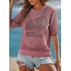 Dokotoo Womens Summer Short Sleeve Crochet Tops Hollow Out Floral Sweaters Beach Vacation Cruise Outfits(Red)