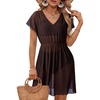 Dokoto Womens V Neck Sheer Mesh Beach Bathing Suit Cover Up Bikini Dress(A Dark Brown)