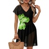 Dokoto Womens V Neck Sheer Mesh Beach Bathing Suit Cover Up Bikini Dress(A Green Flower)