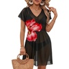 Dokoto Womens V Neck Sheer Mesh Beach Bathing Suit Cover Up Bikini Dress(A Red Flower)