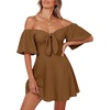 Dokotoo Womens Dresses 2026 Deep V Neck Elegant Bow tie Mini Dress S-XL(Brown)