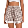 Dokotoo Womens Shorts Summer Elastic Waist Wide Leg Lace Beach Cover Ups(Brown Plaid)