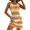 Dokotoo Women’s Swimsuit Cover up Crochet Beach Floral Hollow Slit Dresses(Orange Stripe)
