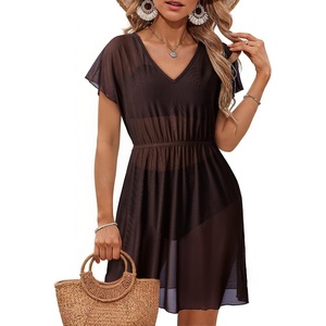 Dokoto Womens V Neck Sheer Mesh Beach Bathing Suit Cover Up Bikini Dress(A Dark Brown)