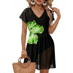 Dokoto Womens V Neck Sheer Mesh Beach Bathing Suit Cover Up Bikini Dress(A Green Flower)