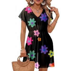 Dokoto Womens V Neck Sheer Mesh Beach Bathing Suit Cover Up Bikini Dress(A Multicolored Flower)
