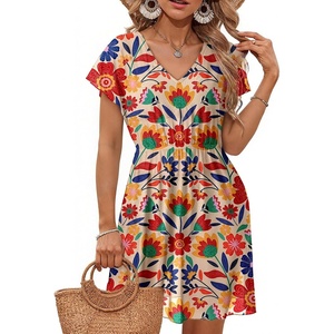 Dokoto Womens V Neck Sheer Mesh Beach Bathing Suit Cover Up Bikini Dress(A-floral Orange)